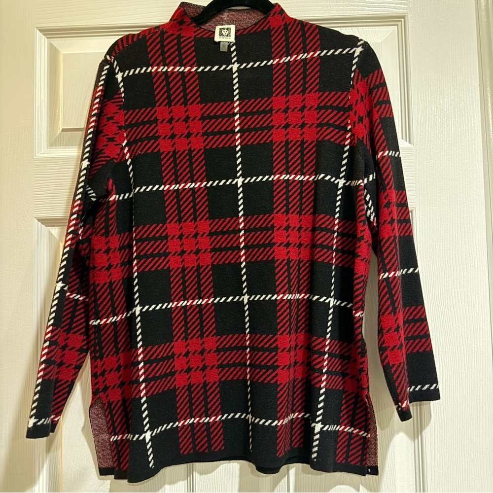 And Klein cowl turtleneck sweater, black red plaid holidays